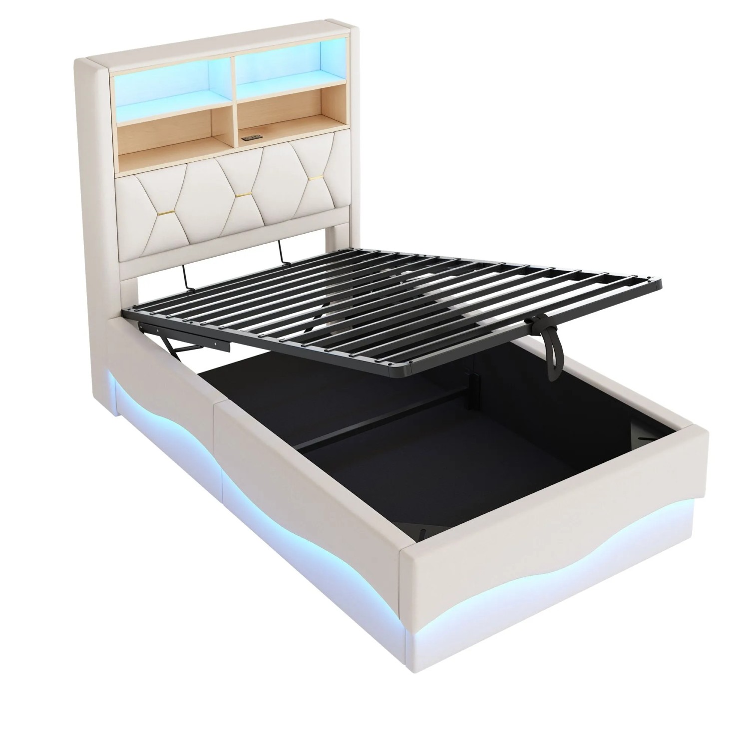 okwish Kinderbett 90x200cm mit LED Stauraum Kinderzimmer Beige ohne Matratze