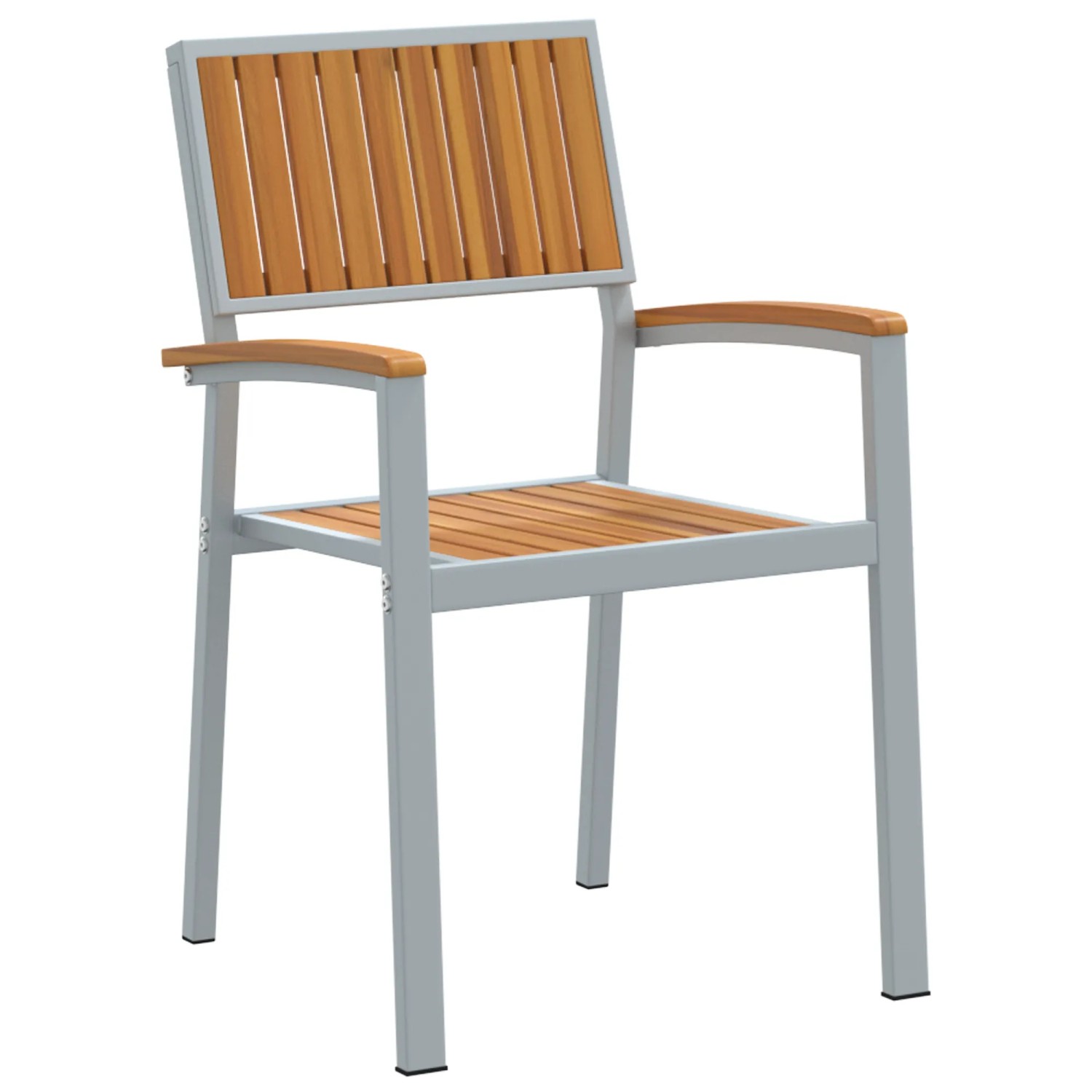 Gartenstuhl aus Akazienholz und Metall, Teil des 7-teiligen Esszimmer-Sets.