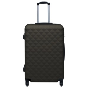 Anthrazitfarbener Hartschalen-Trolley aus ABS mit geometrischem Muster, ausziehbarem Griff. Reisekoffer im 3er Set.