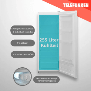 Offener, weißer Telefunken Kühlschrank (255 Liter) mit Gemüsefach und LED-Beleuchtung.
