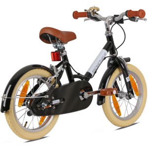 Schwarzes PROMETHEUS Kinderfahrrad 14 Zoll im Retro-Look mit Felgenbremse und Ständer.