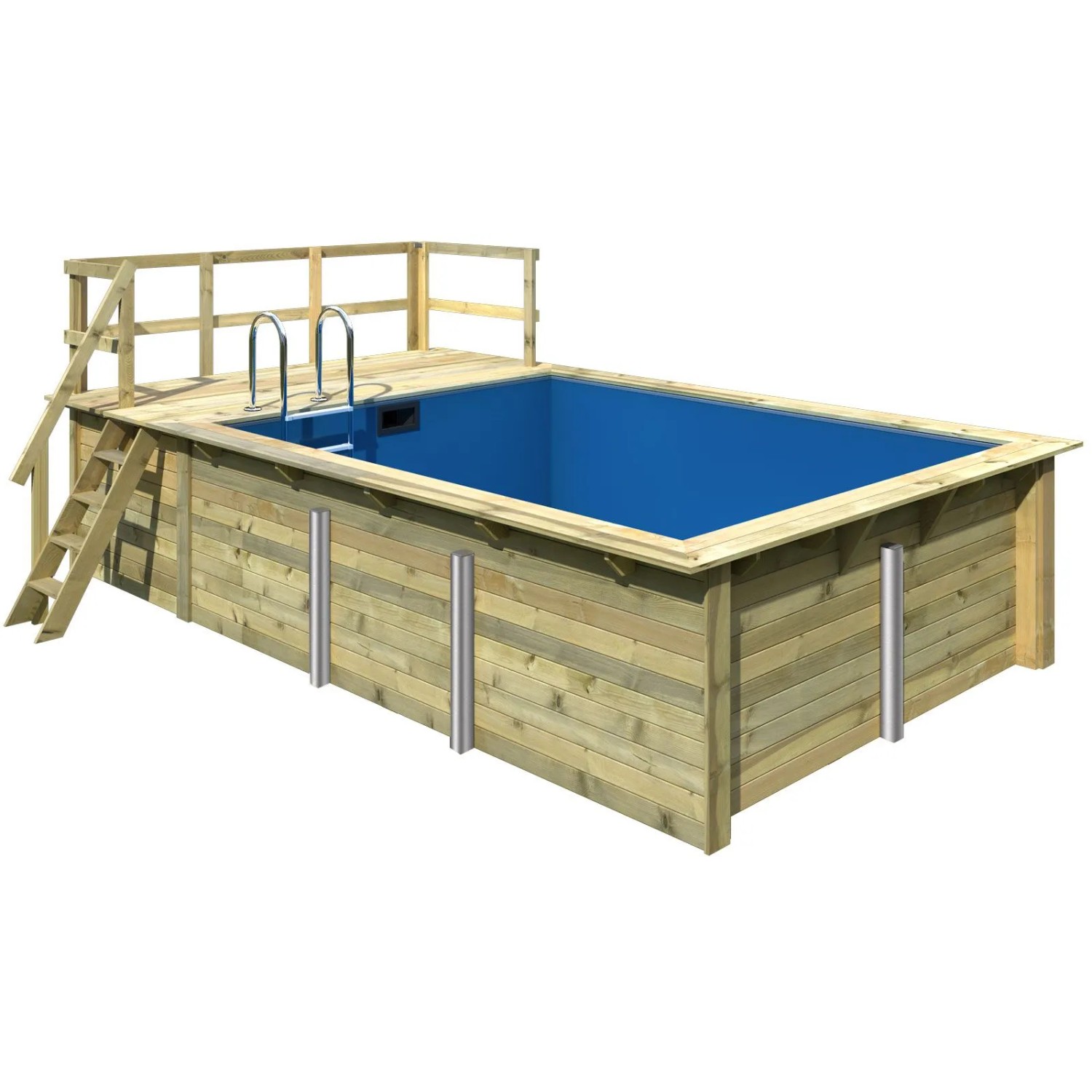 Karibu Holzpool mit Terrasse, KDI, Innenhülle blau, Leiter und Edelstahl-Einstiegsleiter.