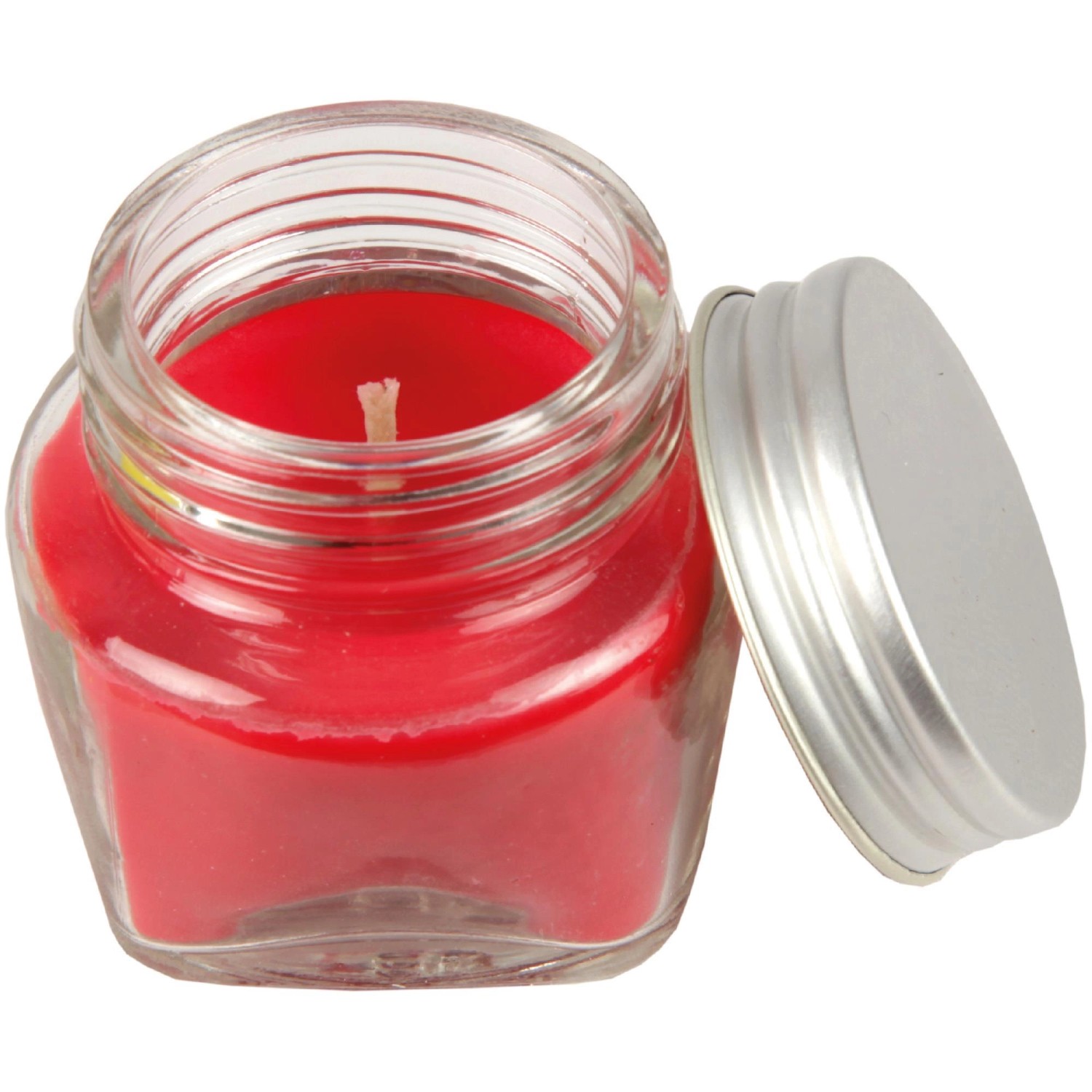 Rote HS Candle Duftkerze Macaron im Glas mit Deckel.