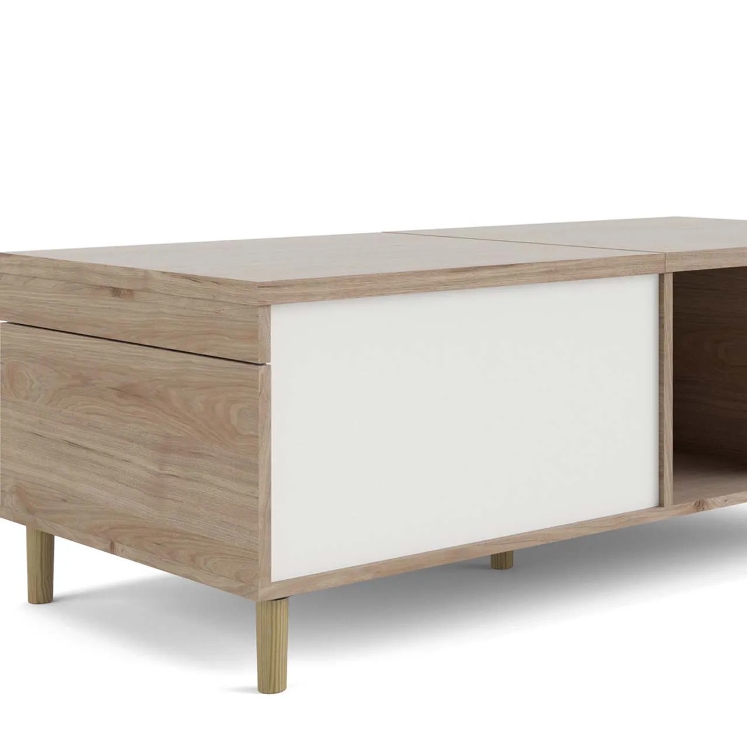 Penny Couchtisch mit Ausziehplatte, Hickory Dekor/Mattweiß, 2 Fächer. Wohnzimmertisch.