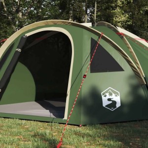 Grünes vidaXL Campingzelt aus Polyester auf Gras. Geräumiges Dome Zelt mit offenem Eingang für Outdoor-Abenteuer.