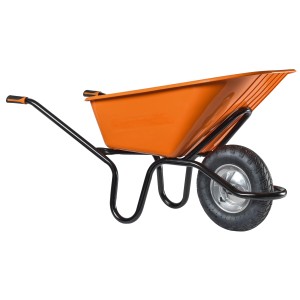 Haemmerlin Crusader Schubkarre, 120 l, Verbundstoff, Luftrad. Orangefarbene Mulde, schwarzes Gestell.