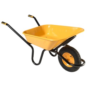 Gelbe Haemmerlin Bau Plus Schubkarre mit 100 l und Luftrad für Bauarbeiten.