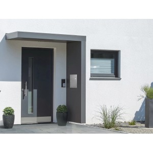 Modernes Gutta Rechteckvordach BS PLUS 200x90 cm mit Briefkasten aus Edelstahl, Seitenansicht rechts.