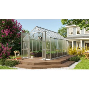 Vitavia Gewächshaus Olymp 11500 aus Alu mit Fundament, auf Holzterrasse im Garten.