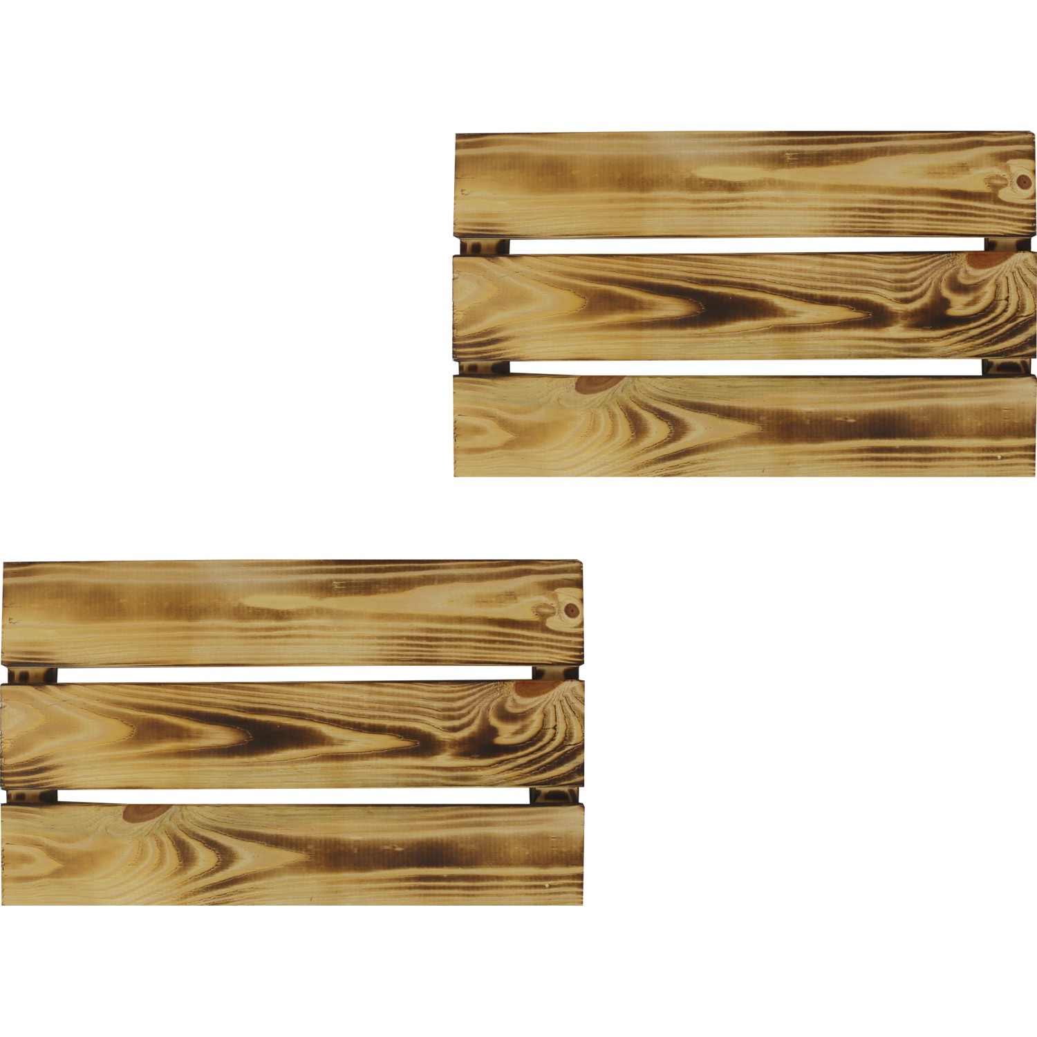 Zwei geflammte Kiefer Einlegeböden für Holzkisten, zur flexiblen Regalgestaltung.