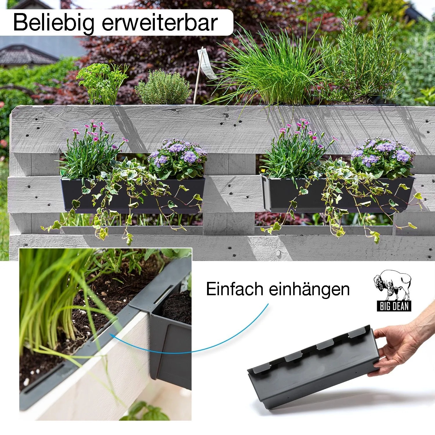 Anthrazitfarbene Paletten Blumenkästen mit Hängesystem, bepflanzt, an Holzpalette. Ideal für Balkon & Garten.