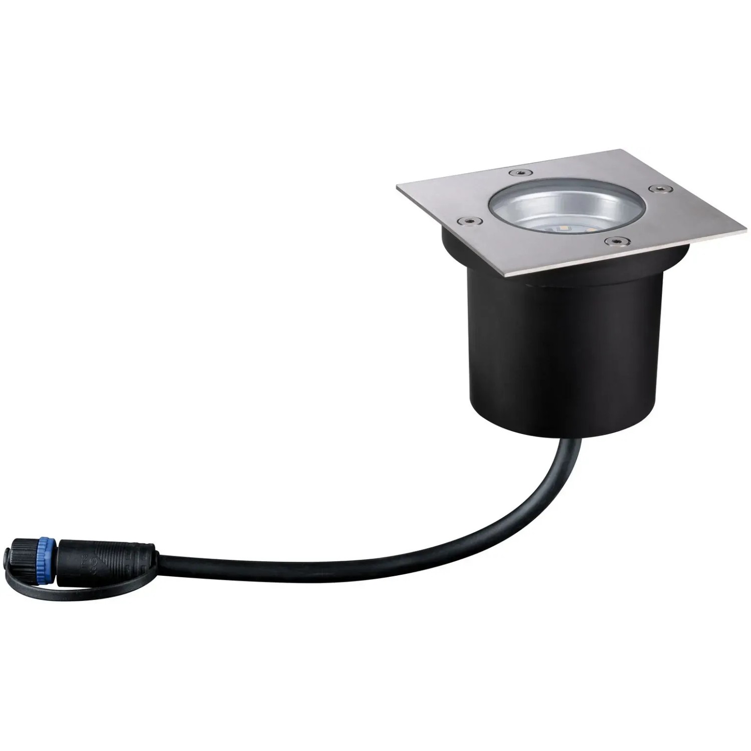 Eckige Paulmann Plug & Shine Bodeneinbauleuchte aus Edelstahl und Kunststoff mit warmweißem Licht.