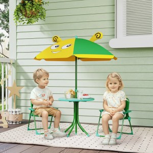 AIYAPLAY Kinder Gartenmöbel Set mit Tisch, Stühlen und Sonnenschirm im Bienen Design.