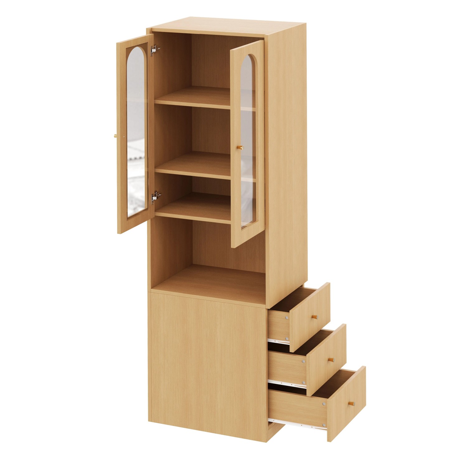 okwish Bücherregal mit Schubladen Glasvitrine LED Beleuchtung Wohnzimmer 60x40x200cm Natur