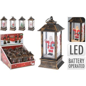 Hängende LED Laterne, 12cm, 4-fach sortiert, Weihnachtsdeko mit Weihnachtsmann, Baum und Schneemann Motiven.