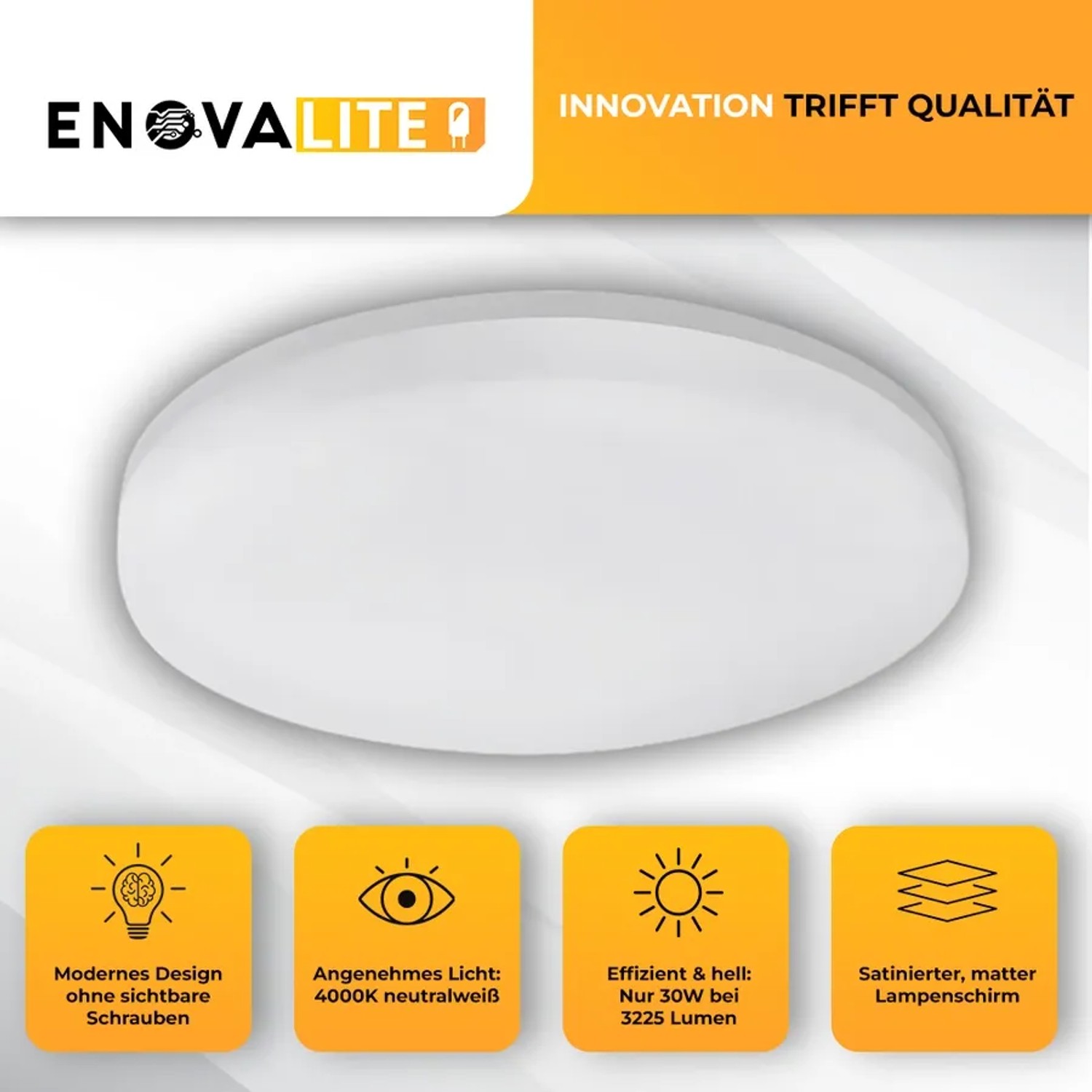 Runde, weiße ENOVALITE LED Deckenleuchte, 30W, neutralweiß, für Bad und Feuchträume.