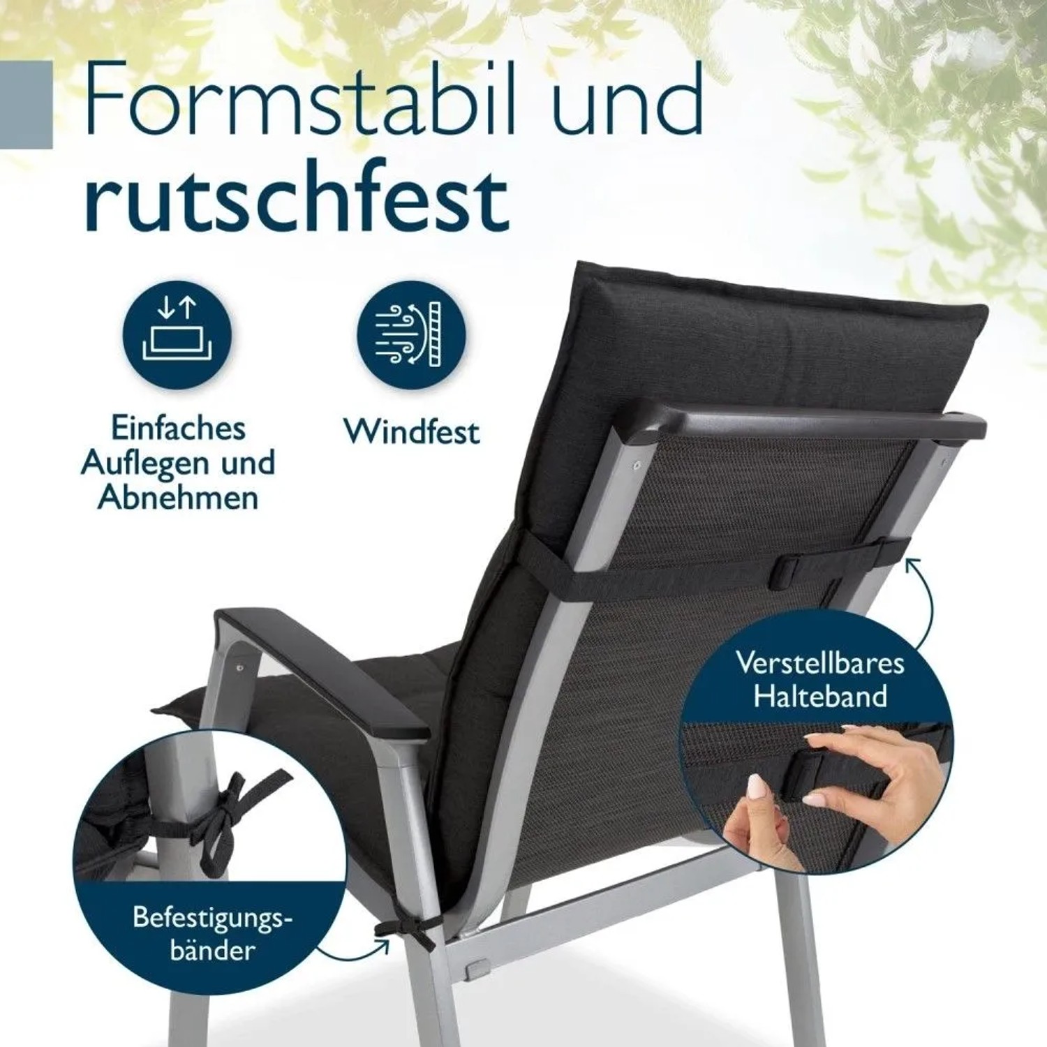 Anthrazitfarbene Niederlehner Gartenstuhlauflage mit Befestigungsbändern und verstellbarem Halteband am Stuhl.