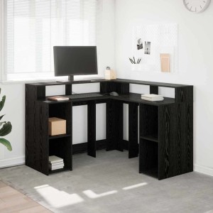 vidaXL Schreibtisch mit Regal, Eichen-Optik, schwarz, L-Form, mit Stauraum und Regalfächern.