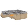 Beige 11-tlg. Garten-Sofagarnitur aus Rattan mit hellgrauen Kissen und Akazienholztisch.