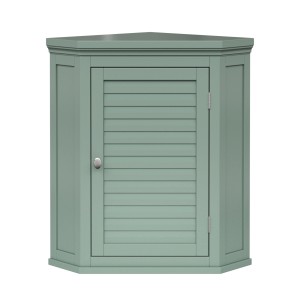 Eck-Wandschrank in Salbeigrün mit Lamellentür für Badezimmer.