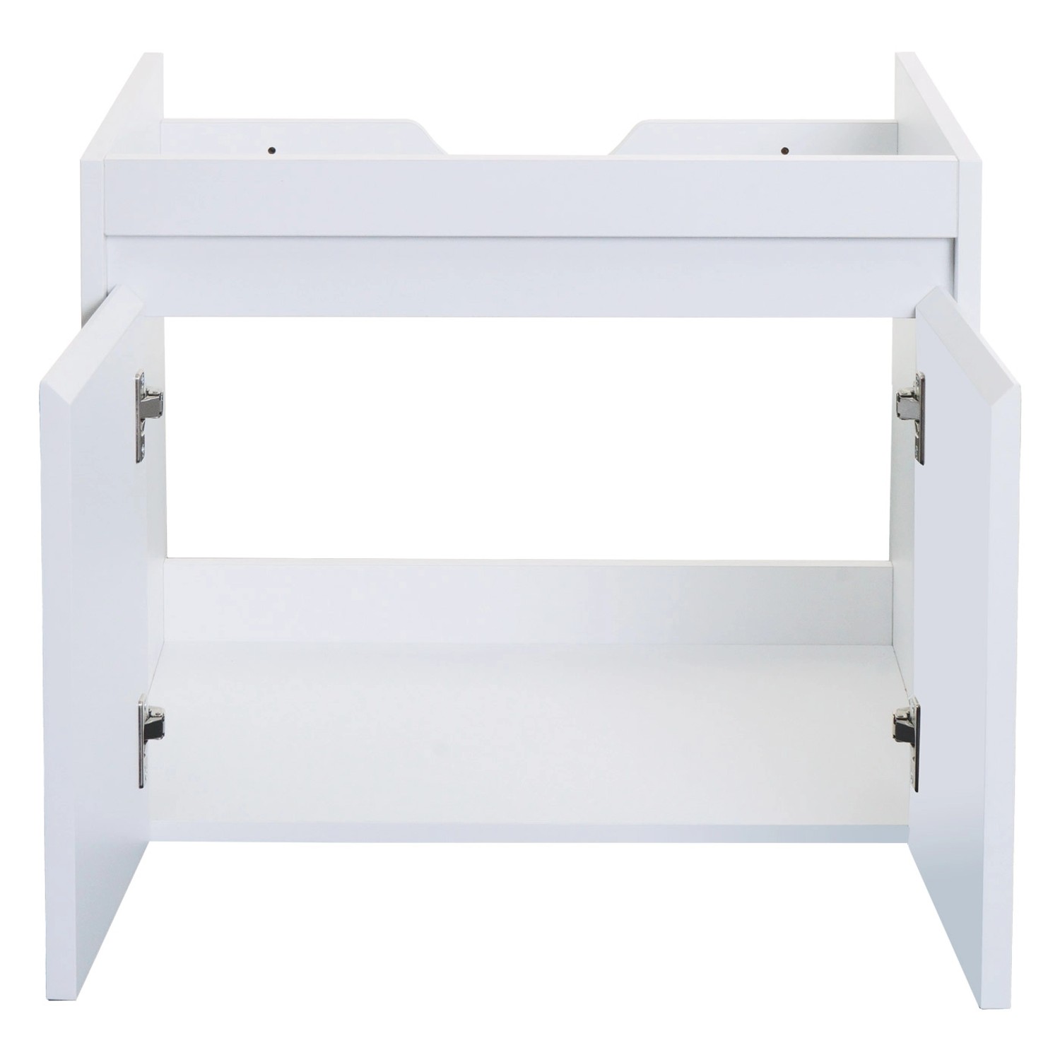 Weißer Waschbeckenunterschrank des MCW Badezimmersets mit offenen Türen.