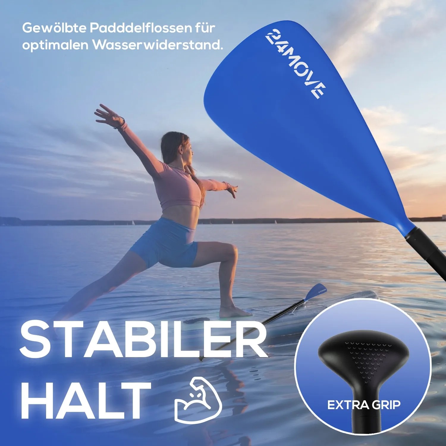 Blaues 24MOVE SUP Paddel aus Aluminium, 210cm, für Stand Up Paddling.