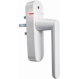 Weißer Funk-Sicherheits-Alarmgriff von Schellenberg für Fenster und Türen, Teil der Hausfunksteuerung.