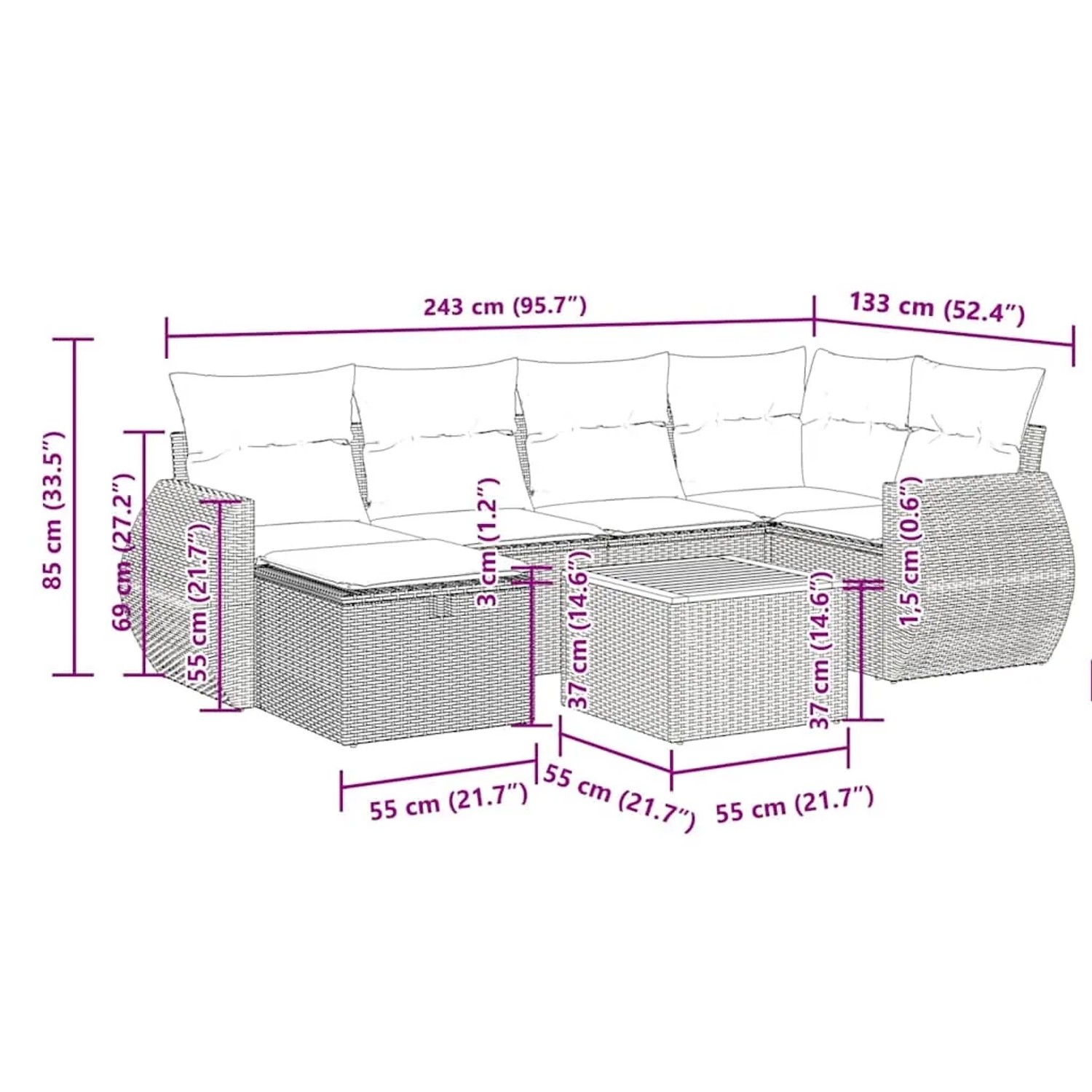 vidaXL 7-tlg. Garten-Sofagarnitur aus schwarzem Rattan mit Kissen und Tisch, Maße eingezeichnet.