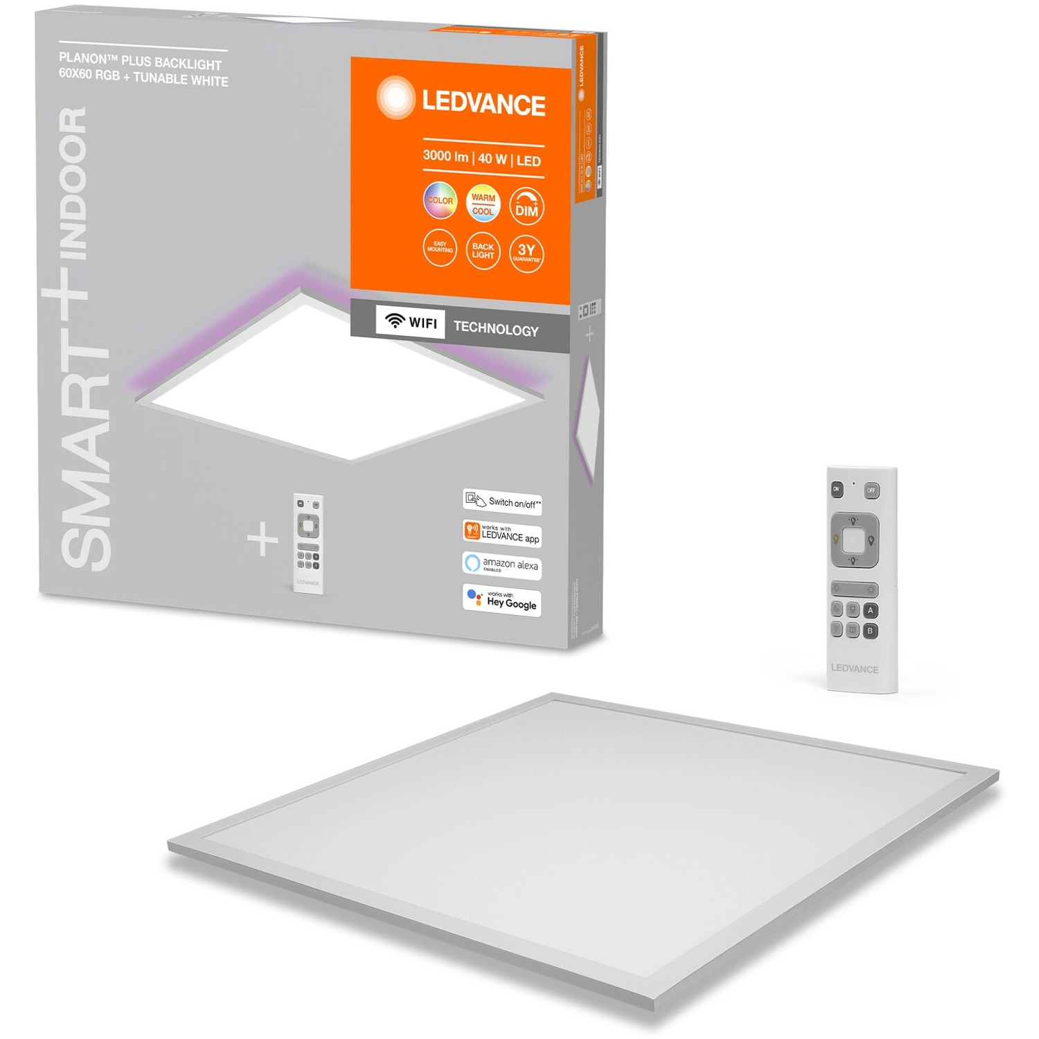 Ledvance Smart LED-Panel Planon Plus, 60x60 cm, mit Fernbedienung und Verpackung.