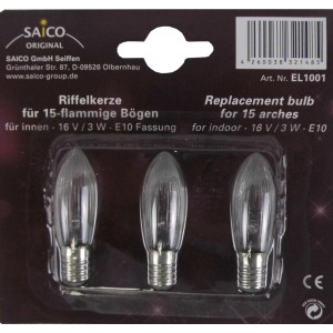 Saico Riffelkerzen E10, 3er-Pack Ersatzglühlampen für Innen-Lichterketten, warmweiß.