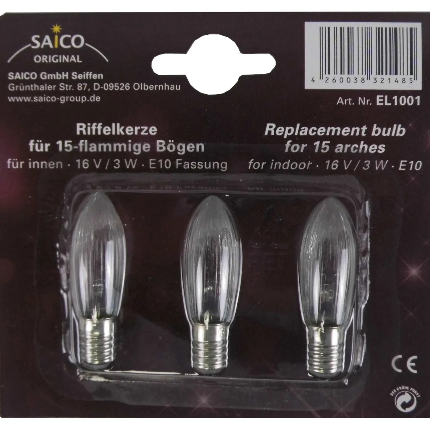 Saico Ersatzglühlampe/ Riffelkerze 3er-Pack E10-Fassung, 16V, 3W Warmweiß