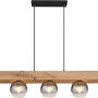 Moderne Globo Pendelleuchte Moitas, 5-flammig, schwarz matt mit Rauchglas-Schirmen und Holzoptik.