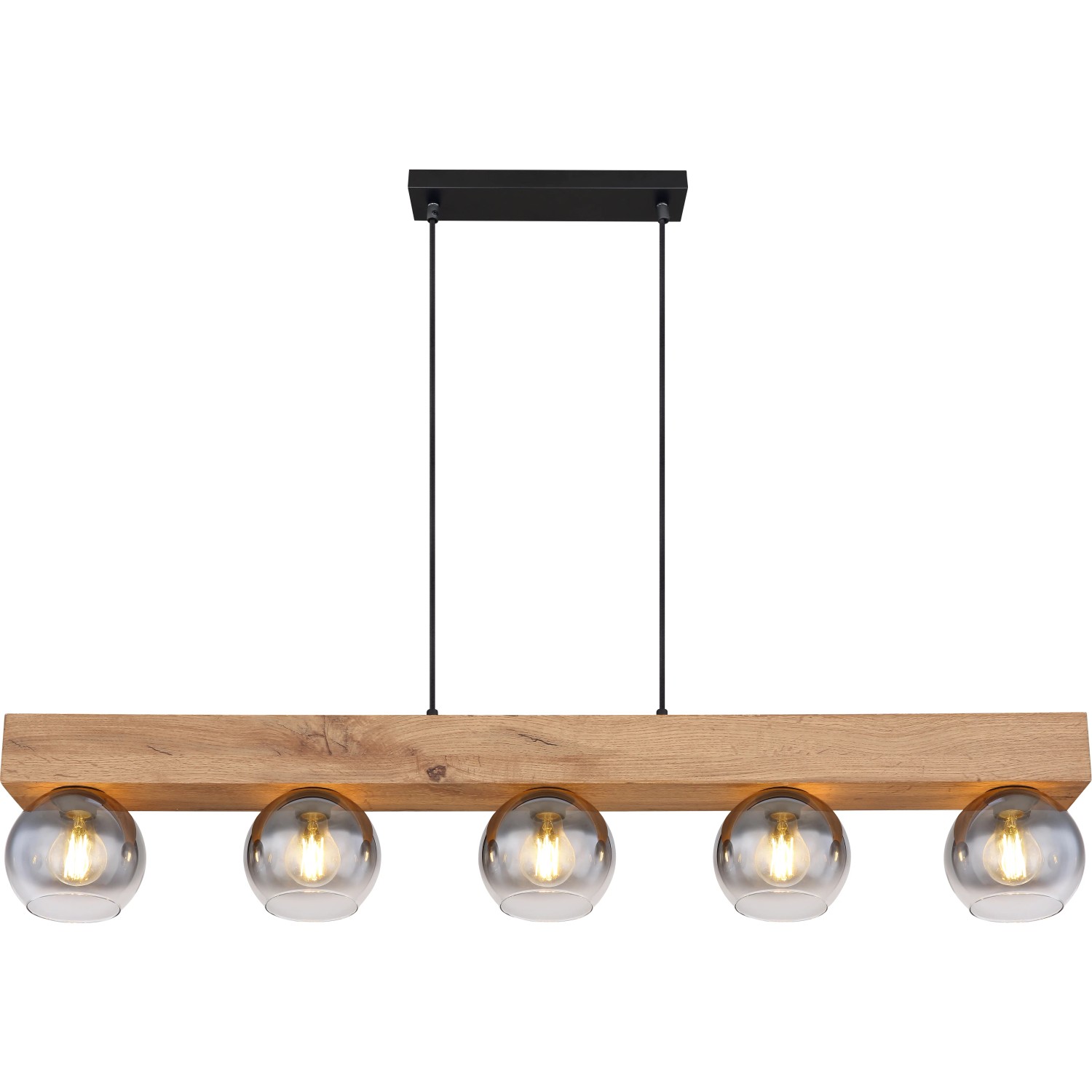 Moderne Globo Pendelleuchte Moitas, 5-flammig, schwarz matt mit Rauchglas-Schirmen und Holzoptik.