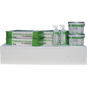 OBI Schimmel-Sanierungs-Komplettpaket mit Kalziumsilikatplatten, Kleber, Schimmelentferner und Grundierung.