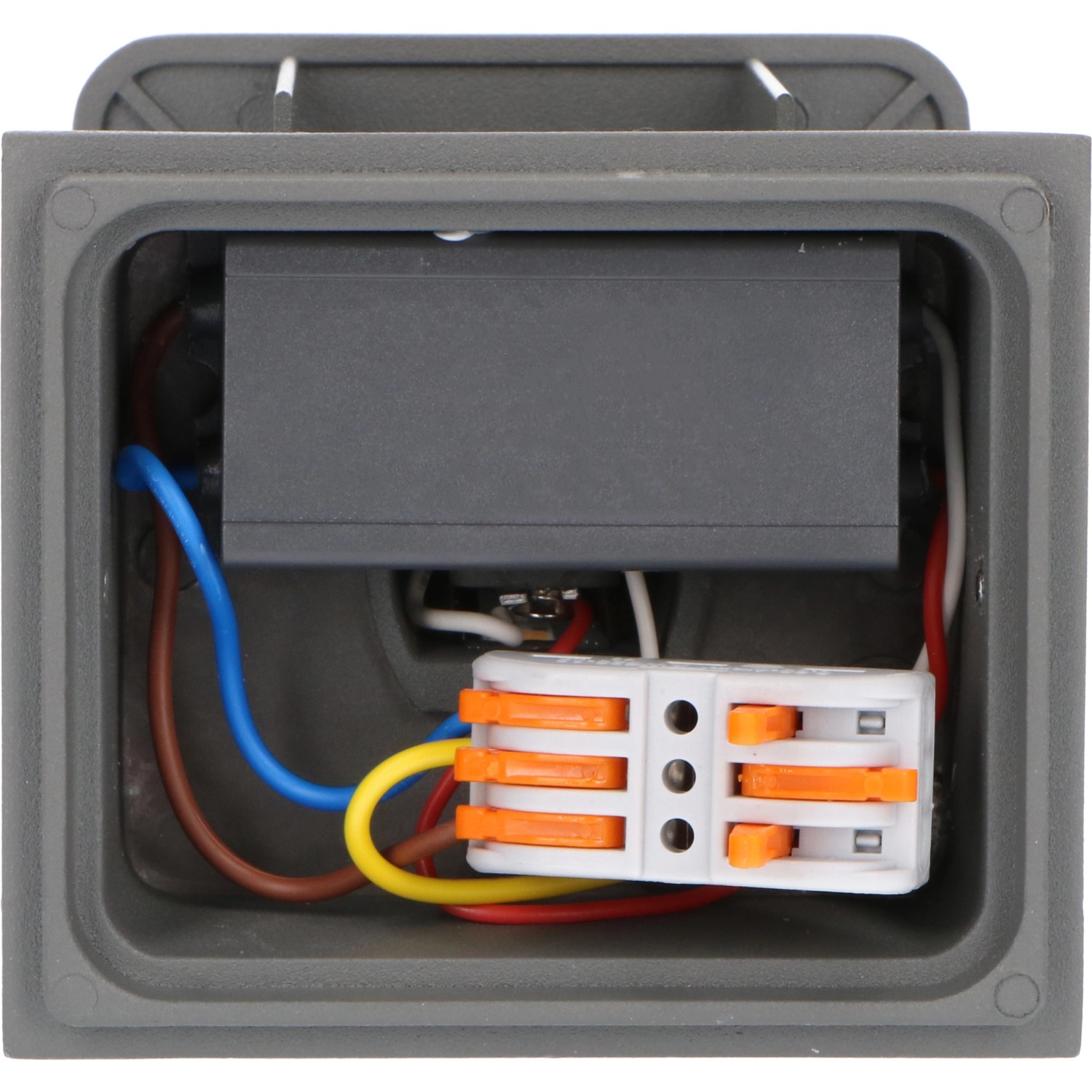 Innenansicht der anthrazitfarbenen LED Außenwandleuchte (10,6 cm) mit Verkabelung.