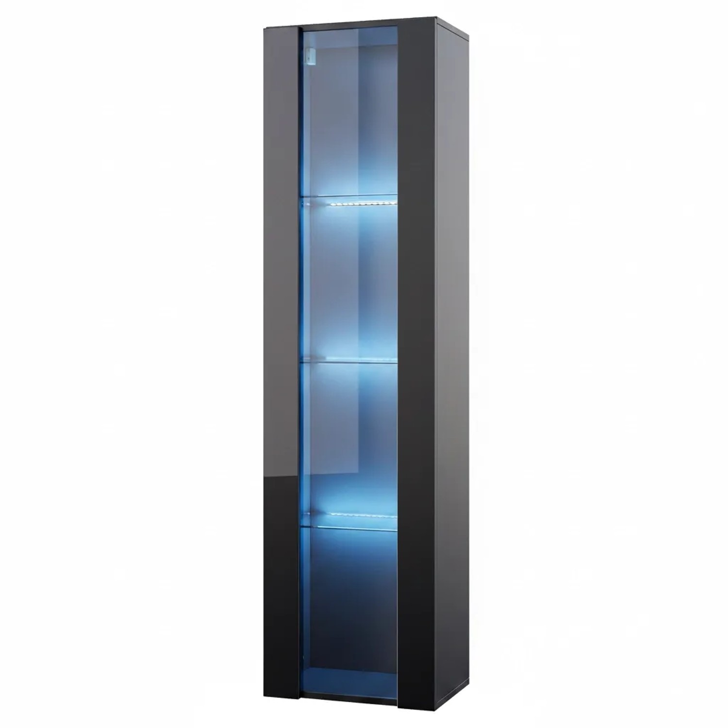 PXloue Glasvitrine Schwarz 40 x 29 x 170 cm  LED-RGB System Acrylplatte Wandmontierbar