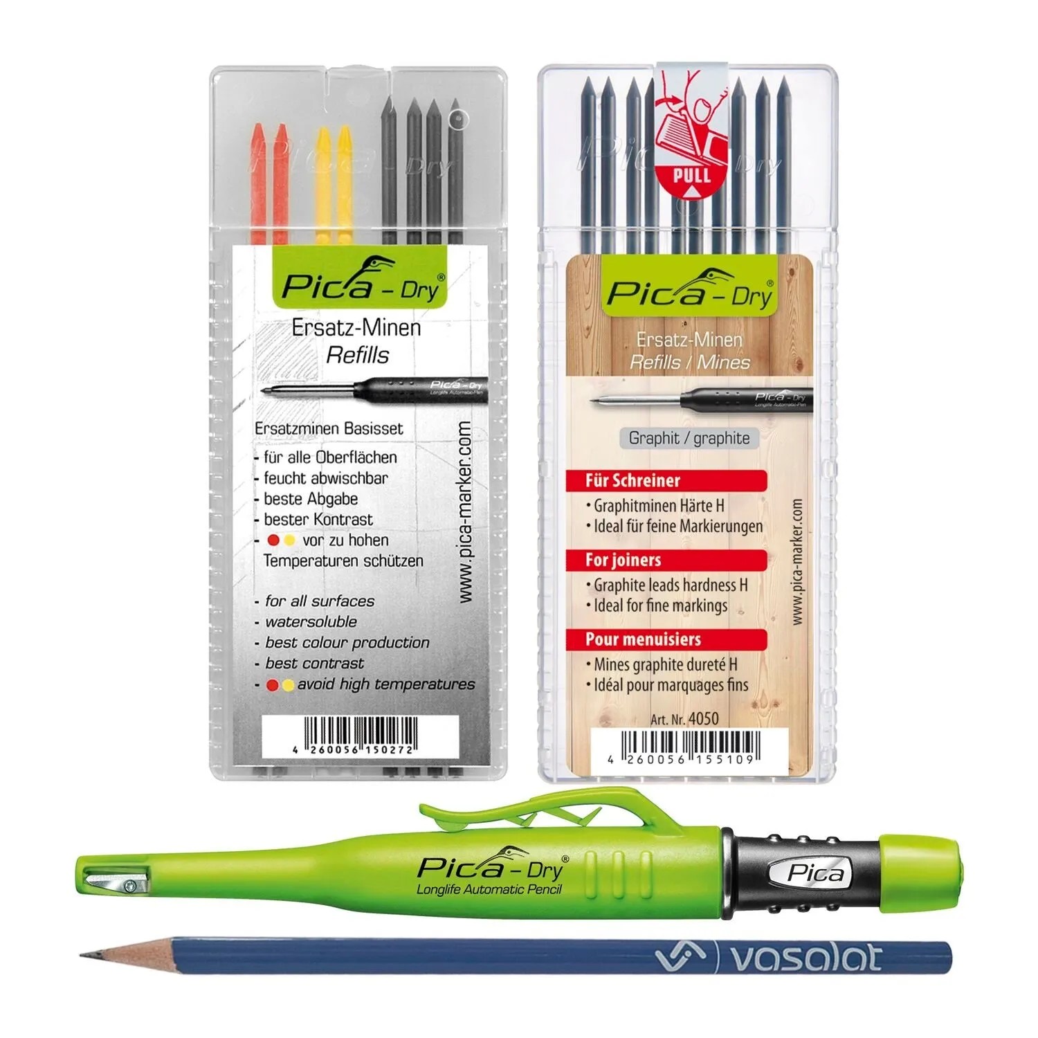 vasalat Set Pica Dry Marker-Set mit 10 Minen Härte H & 8 Minen Graphit 2B Rot Gelb