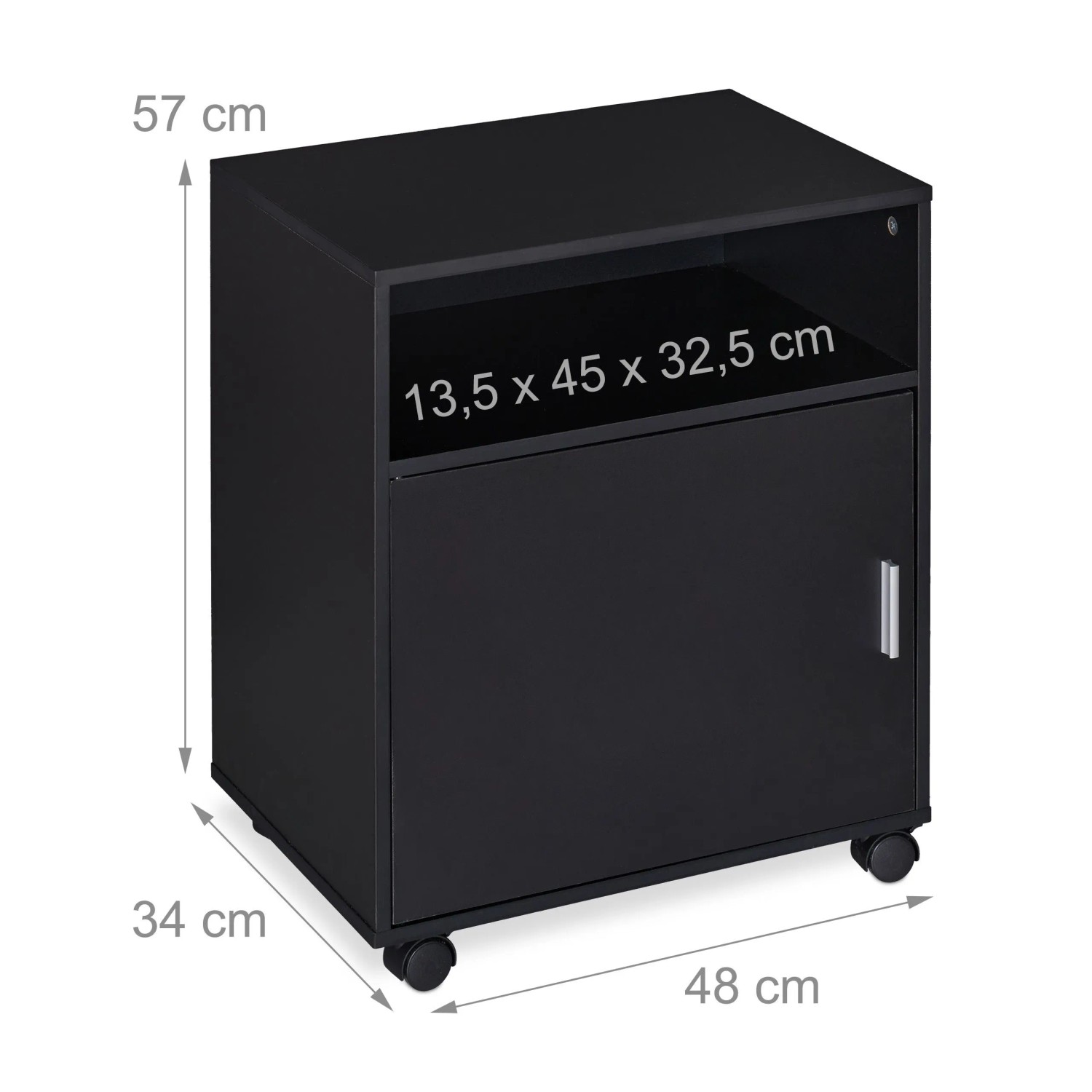 Schwarzer Relaxdays Rollcontainer mit 3 Fächern und Rollen, ideal für Büro und Arbeitszimmer.