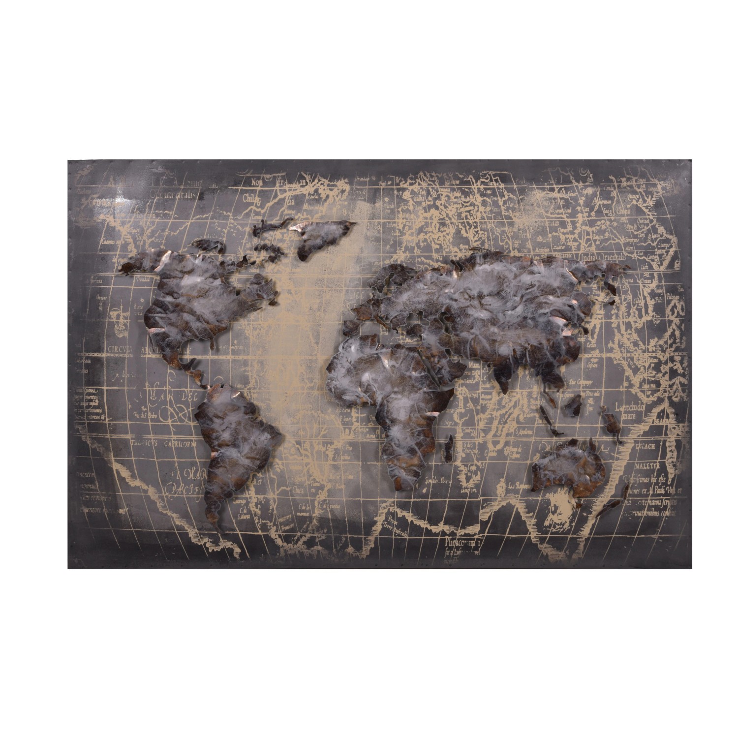 DELUKE 3D-Metallbild Weltkarte Stahl Grau 5x80x120cm Wandbild Wohnzimmerbild Dekobild Flur Büro