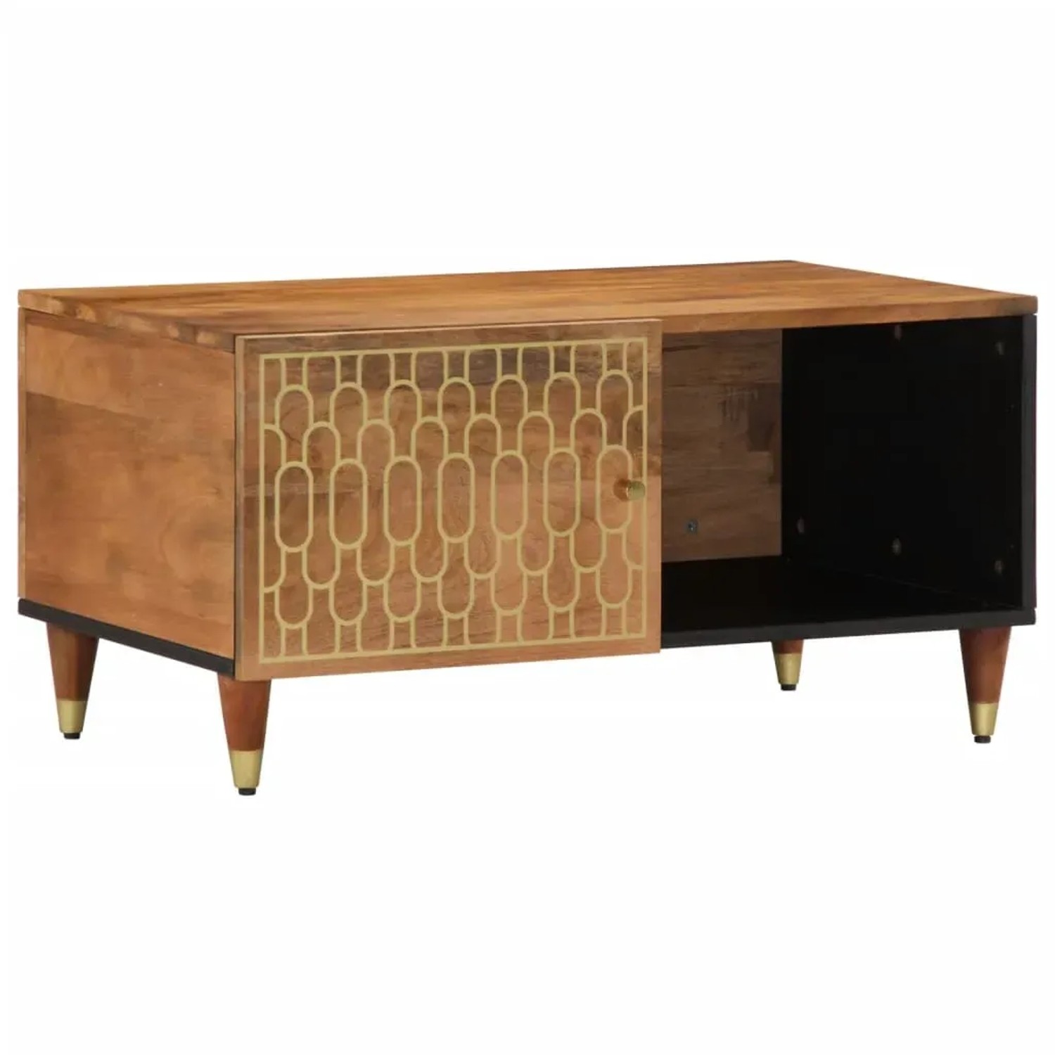 vidaXL Couchtisch aus Mango Massivholz mit Tür und goldenem Muster.