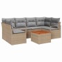 Beige-hellgraues 7-tlg. vidaXL Garten-Sofa-Set aus Rattan mit Akazienholz-Tisch und grauen Kissen.