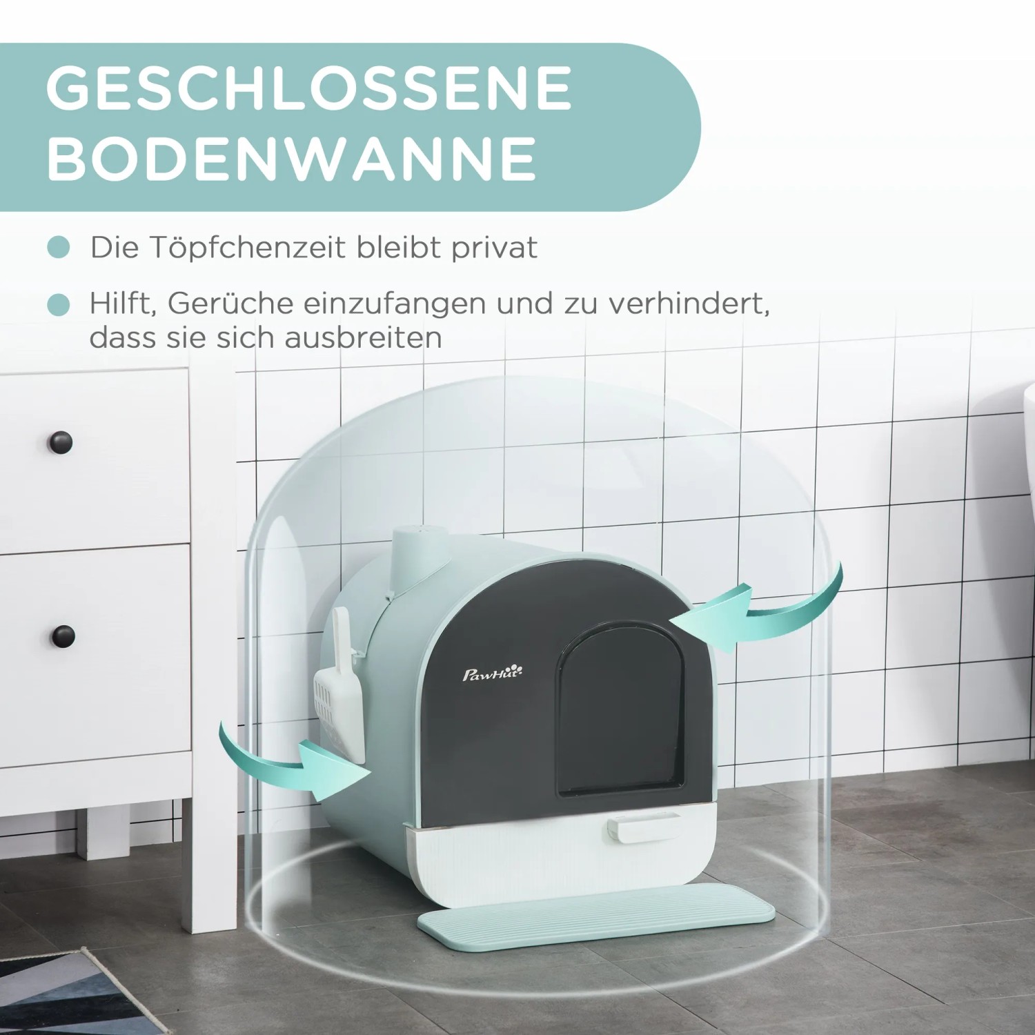 PawHut Katzentoilette mit Deckel und Streuschaufel in Pastellfarben.