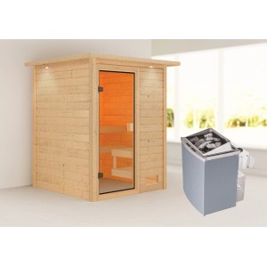 Woodfeeling Sauna Sandra mit Ofen und LED-Dachkranz. Massivholzsauna mit Glastür und zwei Bänken.