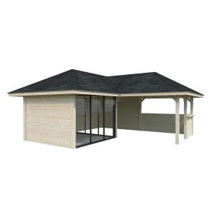 Palmako Pavillon Bianca Set209 aus naturbelassenem Fichtenholz mit Schiebetüren und Tresen.