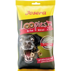 Josera Loopies mit Rind, 150g Packung Hundekekse mit Hund im Aufdruck.