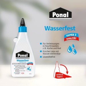 Ponal Wasserfest Holzleim, 225g Flasche. Transparent trocknender Kleber für Küche und Bad.