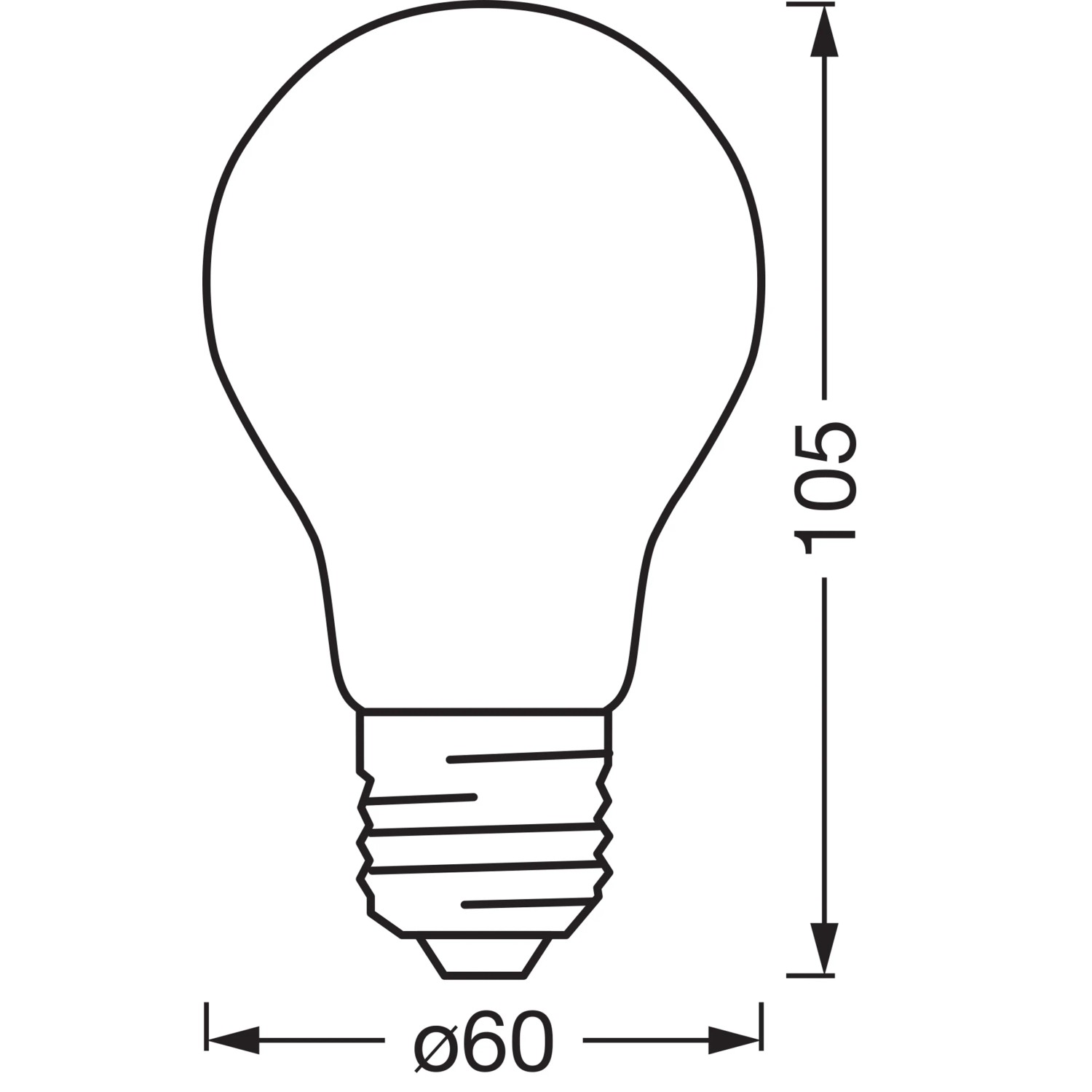 Technische Zeichnung Osram Matter E27 LED Lampe, A60 Glühlampenform, Maße 10,5 x 6 cm.