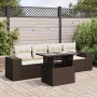 Braune 5-tlg. vidaXL Garten-Sofagarnitur aus Poly Rattan mit Tisch und cremeweißen Kissen.