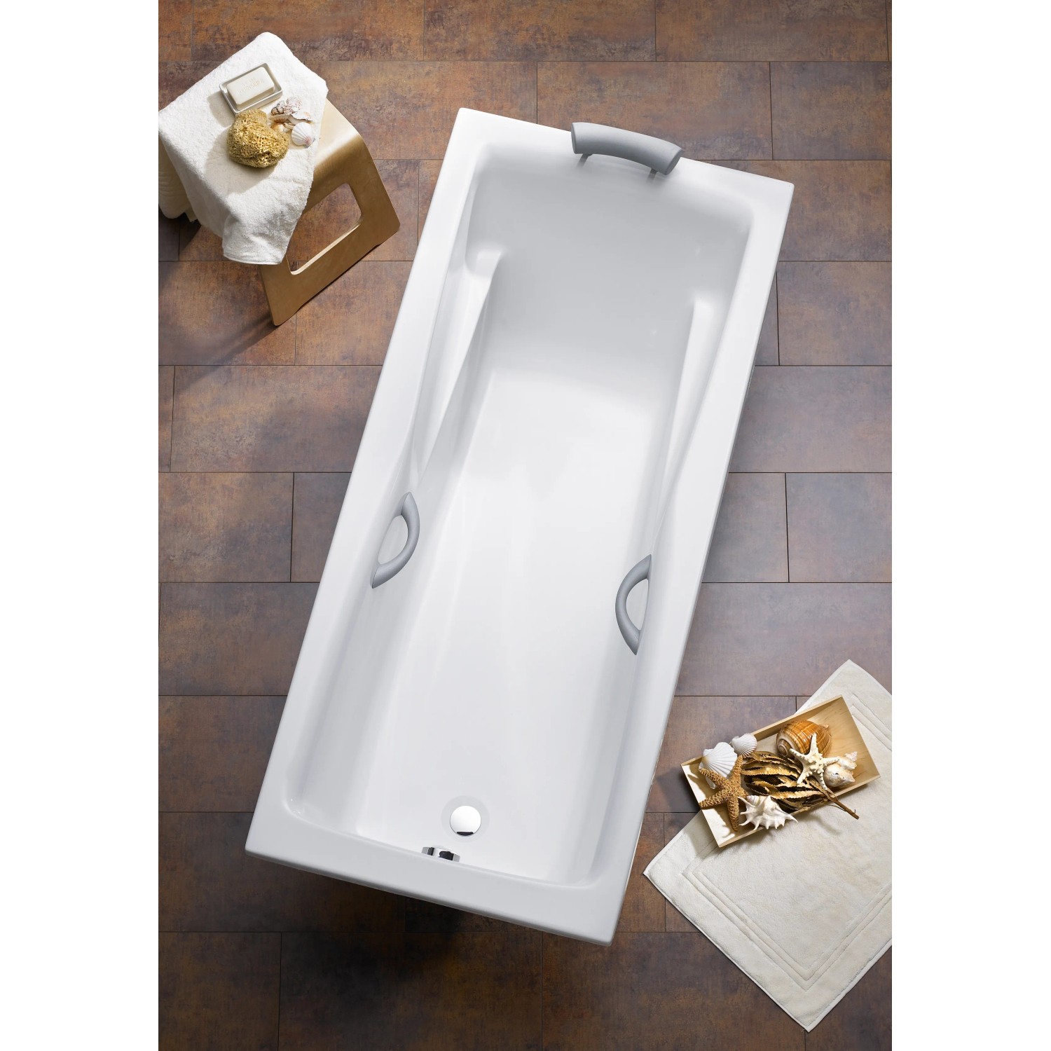 Rechteckige, weiße Badewanne Atlanta 180x80 cm mit Griffen, Aufsicht.