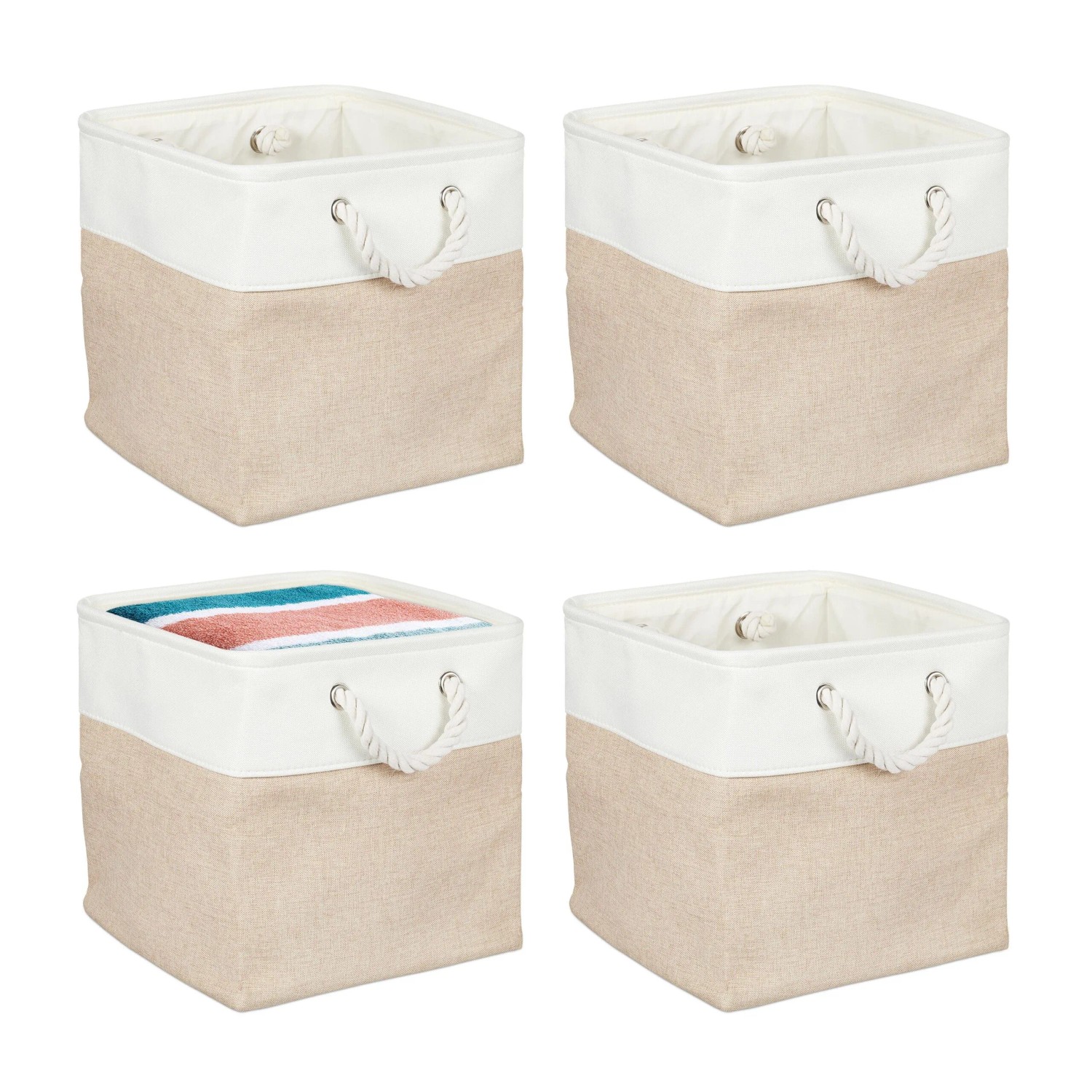 Relaxdays Aufbewahrungskorb 4er Set Leinen Beige Faltbar 30 cm x 30 cm x 30 cm